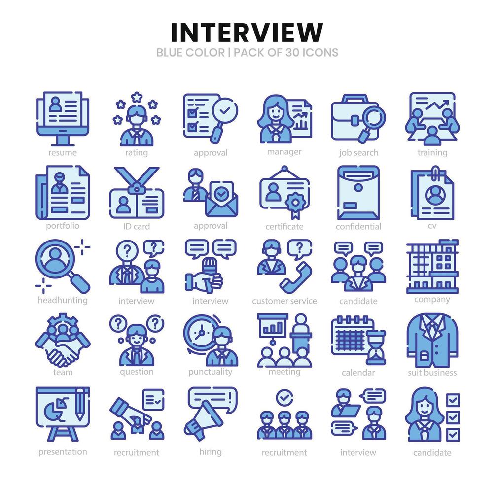 Interview Icons Bundle.  Blue colored outline icons style. Vector illustration.