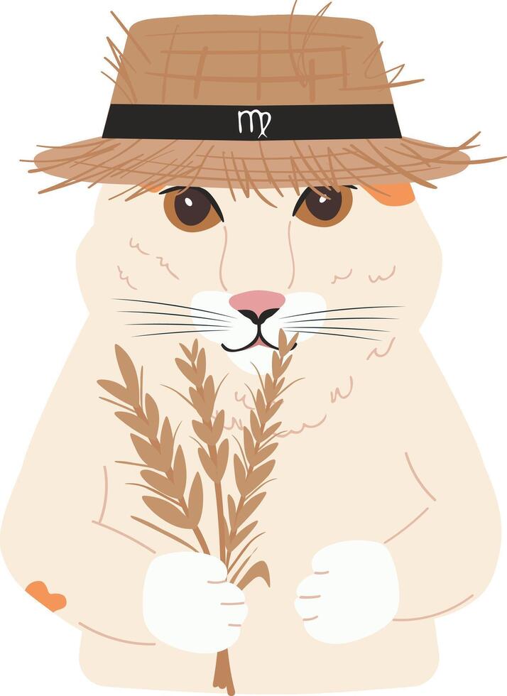 a cat virgo wearing a straw hat and holding wheat vector