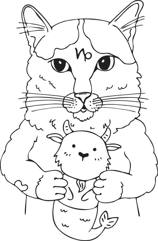 a cat holding a baby capricorn in its paws coloring page vector