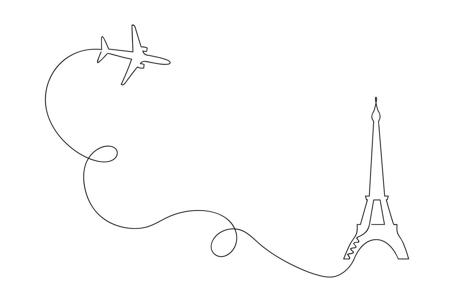 Plane to Paris drawn in one continuous line. One line drawing, minimalism. Vector illustration.