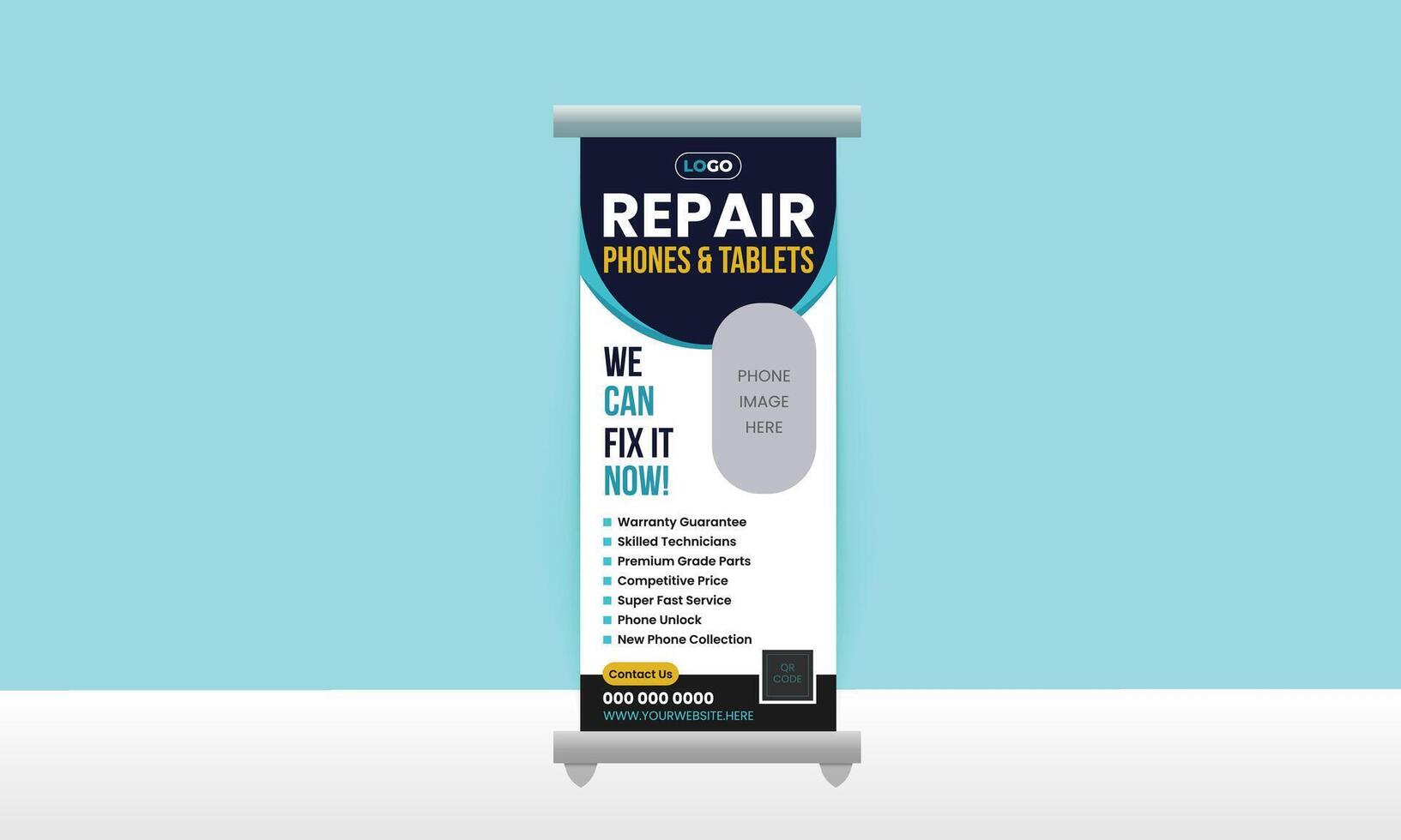 Modern rollup banner design template for repair phone, front, mobile shop, full editable, fix mobile, computer vector