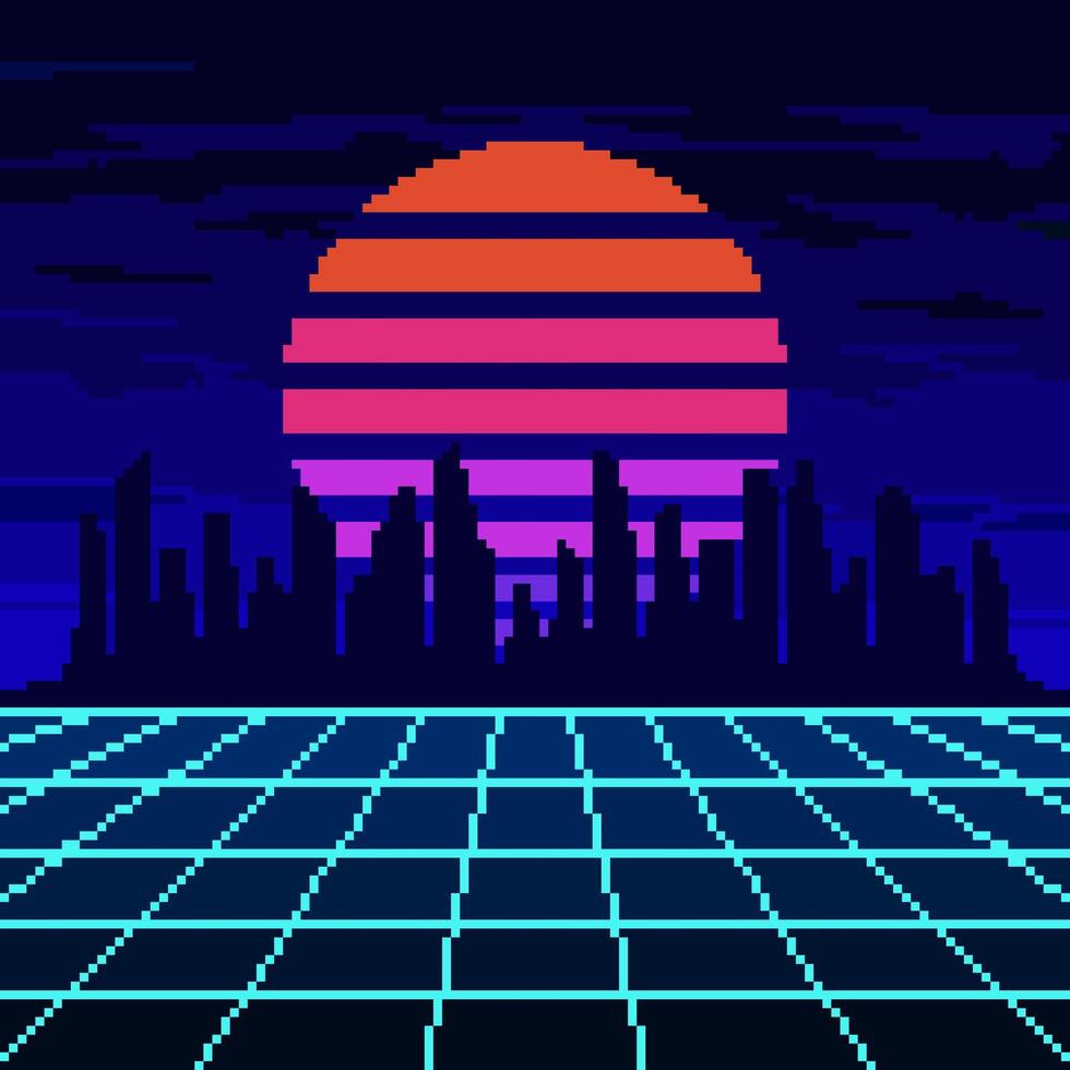 Pixel synthwave neon mesh with city and sun background. Blue vaporwave landscape with grid digital design with dark skyscrapers and striped star in purple night vector sky