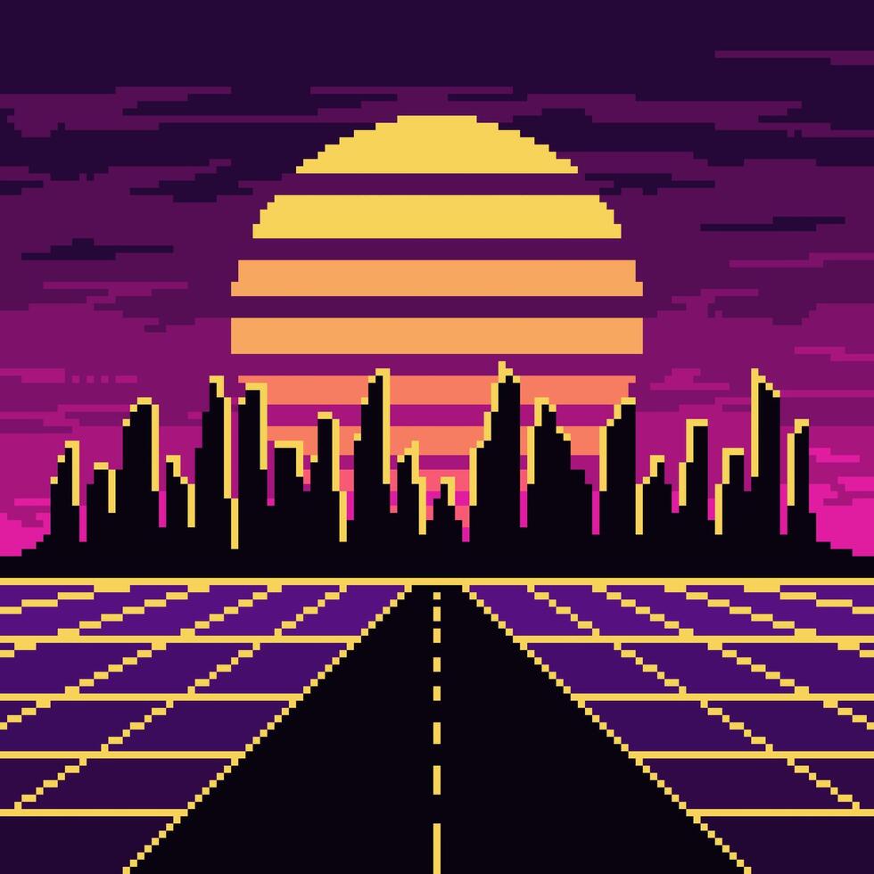 Pixel synthwave road with city and sun background. Neon retrowave landscape with mesh digital highway with dark skyscrapers and striped star in purple night vector sky