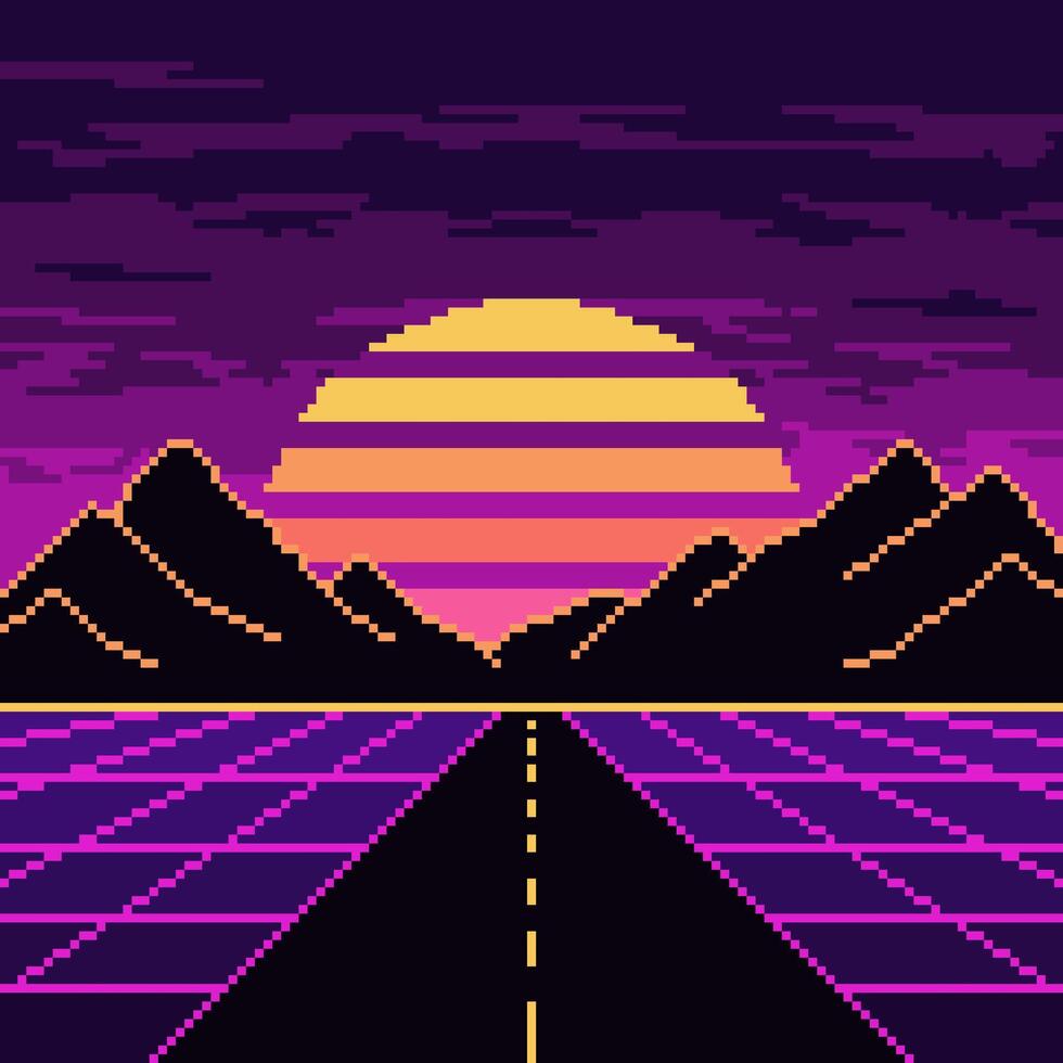 Pixel synthwave neon highway with mountains and sun background. Neon vaporwave landscape with mesh digital design and dark hills with striped star in purple night vector sky