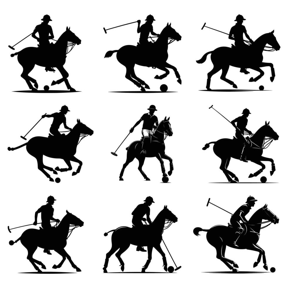 SET OF 9 POLO PLAYER WITH HORSE SILHOUETTE VECTOR BUNDLE