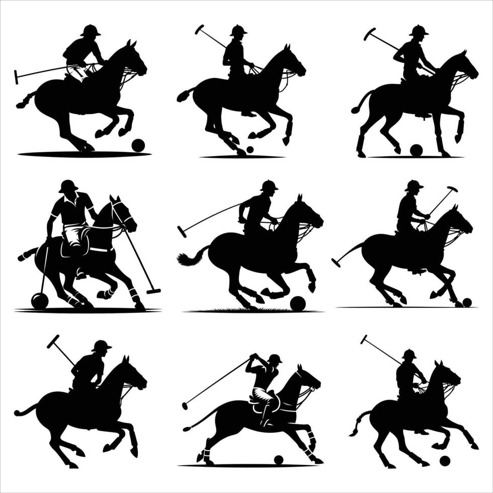 SET OF 9 POLO PLAYER WITH HORSE SILHOUETTE VECTOR BUNDLE