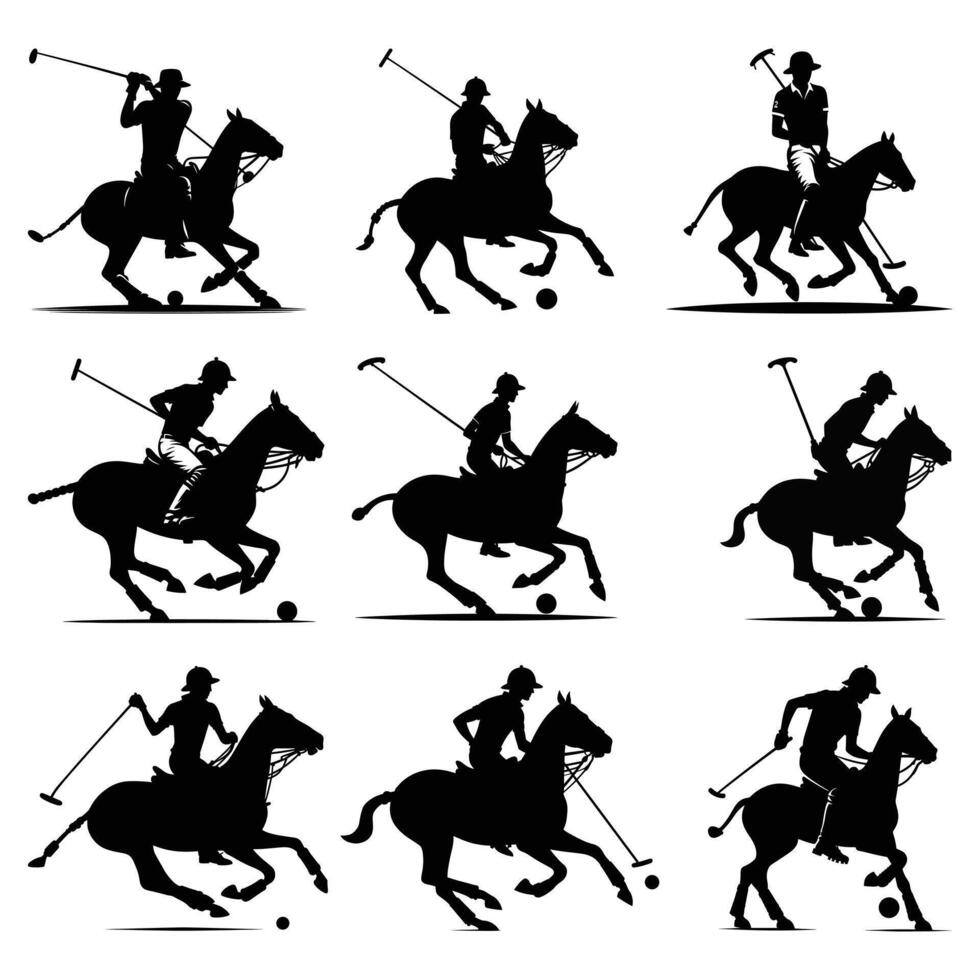 SET OF 9 POLO PLAYER WITH HORSE SILHOUETTE VECTOR BUNDLE