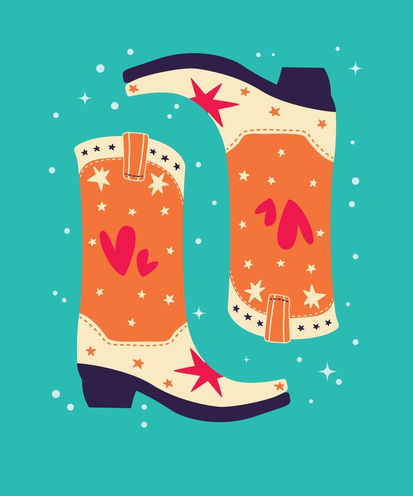 Hand drawn orange cowboy boots with hearts and stars on mint background. Cute greeting card vector illustration. Bright colorful design.