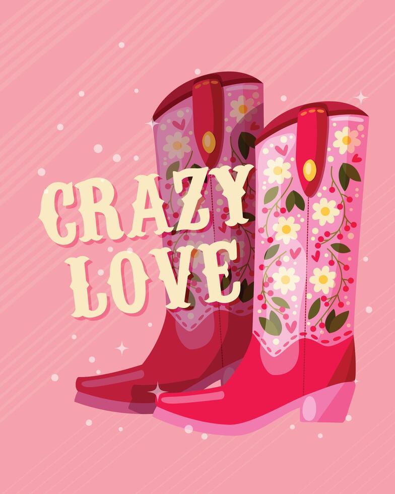 un par de vaquero botas decorado con flores y un mano letras mensaje loco amor en rosado antecedentes. enamorado vistoso mano dibujado vector ilustración en brillante vibrante colores.