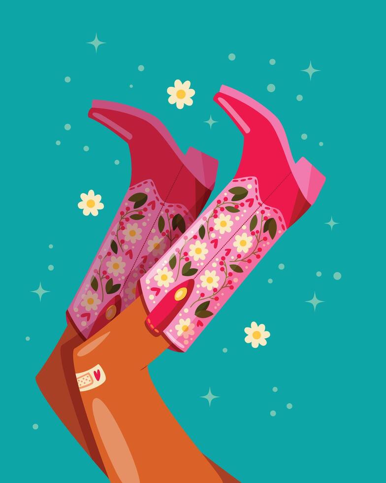 mujer piernas con vaquero botas decorado con flores vaquera con vaquero botas. americano occidental tema. vistoso vibrante vector ilustración.