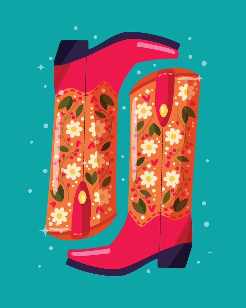 A pair of cowboy boots decorated with flowers on blue background. Vibrant and colorful vector illustration.