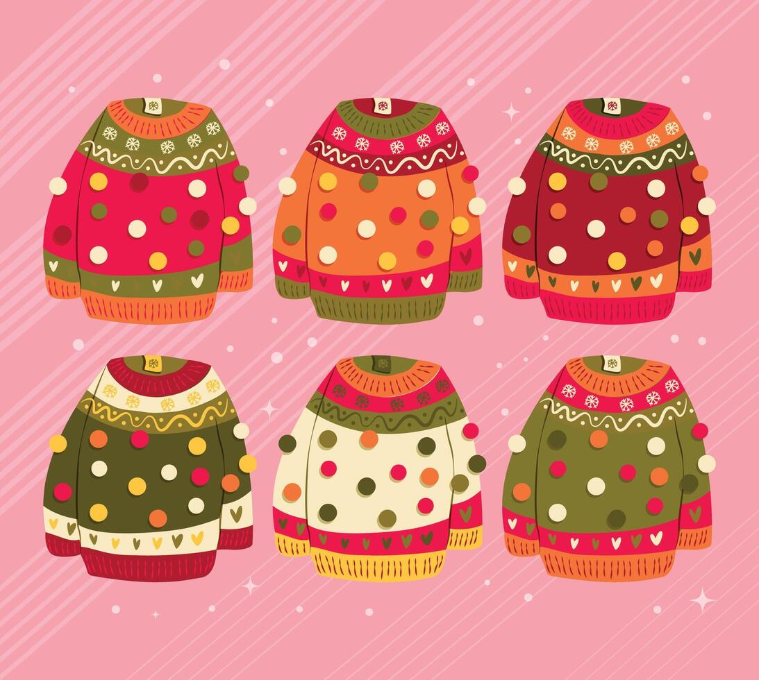 Collection of six cute vibrant hand drawn sweaters with winter decoration and pom-poms. Colorful holiday vector illustration.