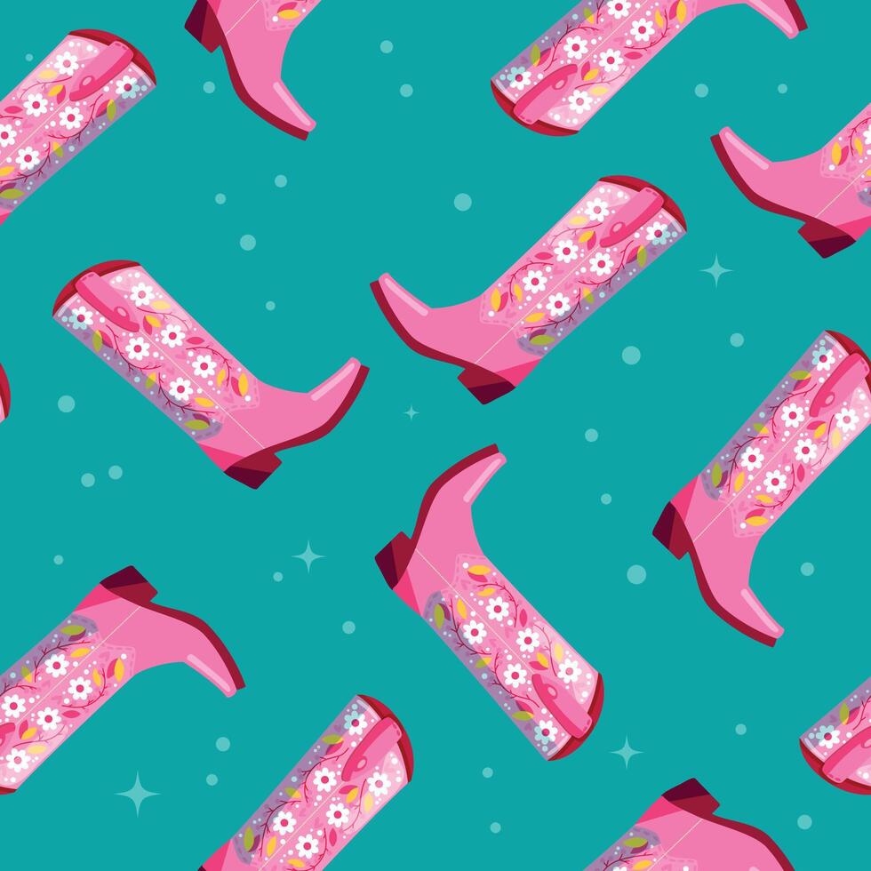 Cowboy boots with flowers and hearts on vibrant blue background, seamless pattern. Cute festive repeat pattern. Bright colorful vector design.