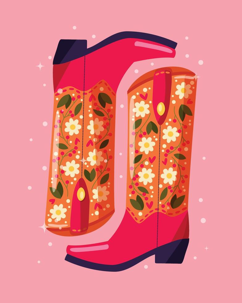 un par de vaquero botas decorado con flores en rosado antecedentes. vibrante y vistoso vector ilustración.