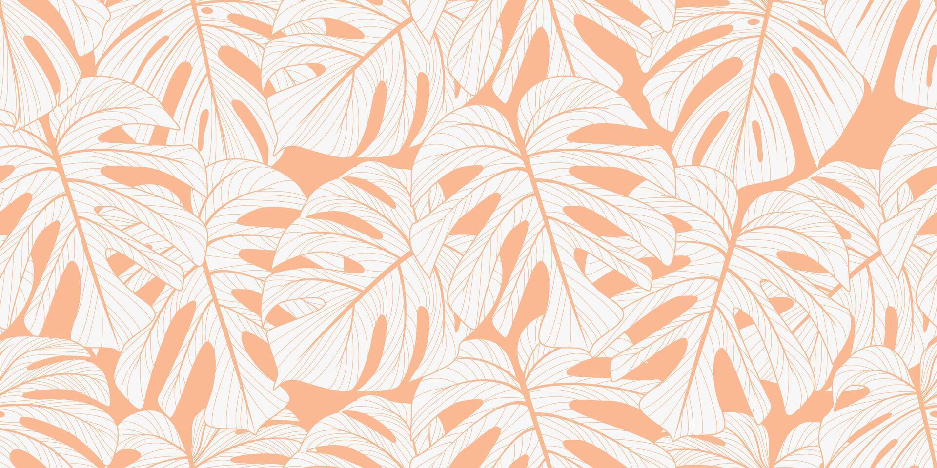 Elegant vector seamless background with abstract doodle exotic monstera leaves in trendy peach color for wrapping paper, textile, wedding, beauty