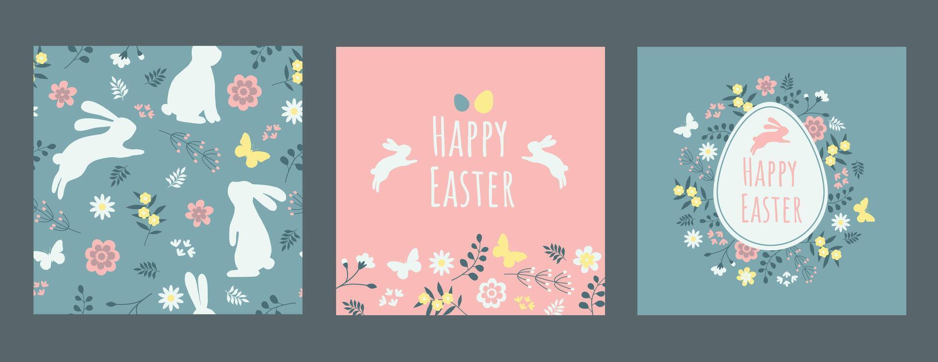 vistoso conjunto de Pascua de Resurrección saludo tarjetas y sin costura antecedentes. vector