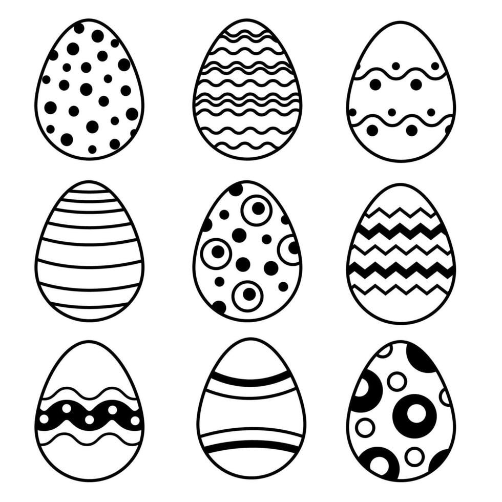 Monochrome vector set of eggs with patterns for Easter designs isolated on white background.