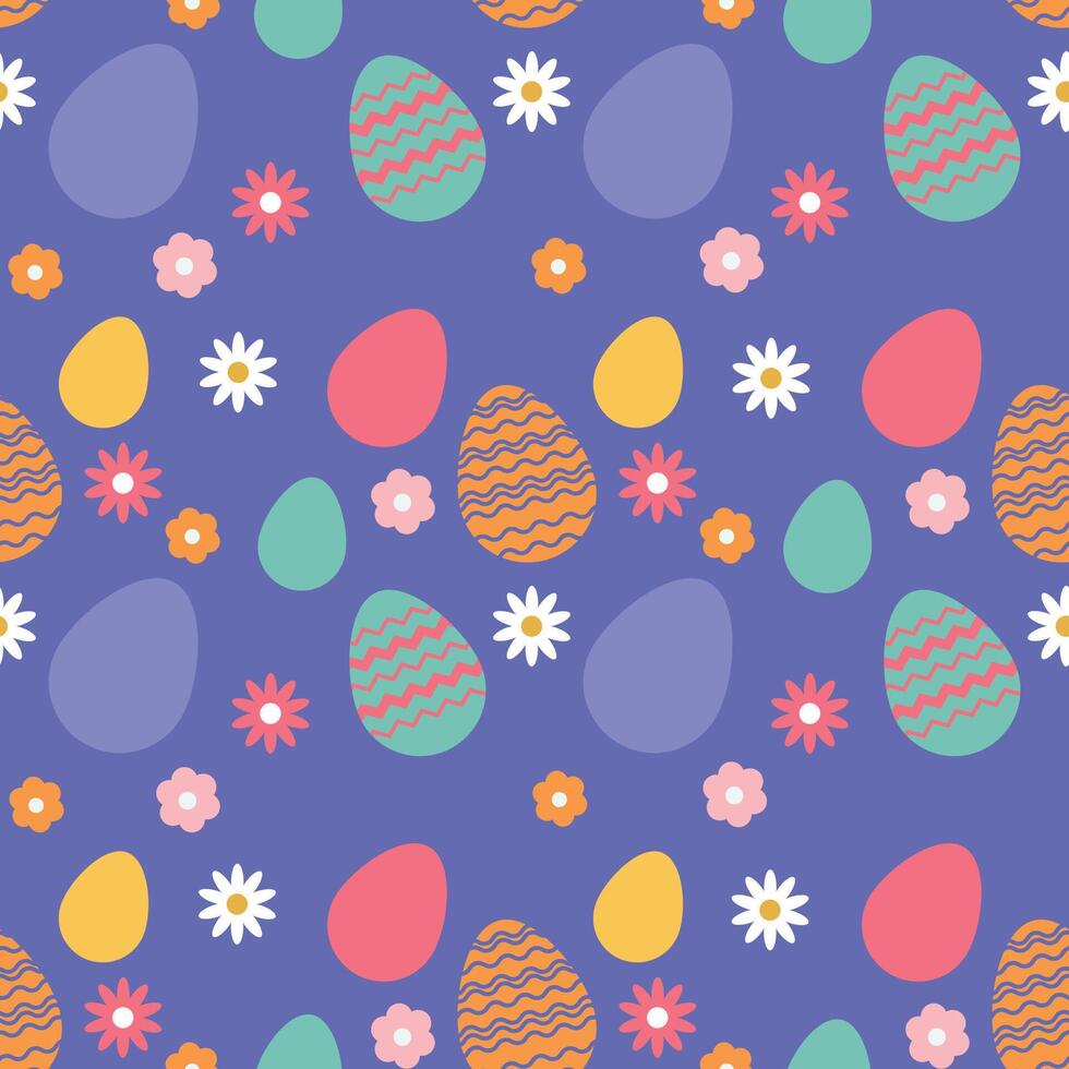 Cute Easter background with colorful Easter eggs and flowers. vector