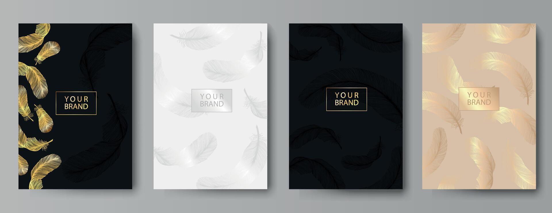 Elegant luxury vector cover set gold, silver with hand drawn feathers