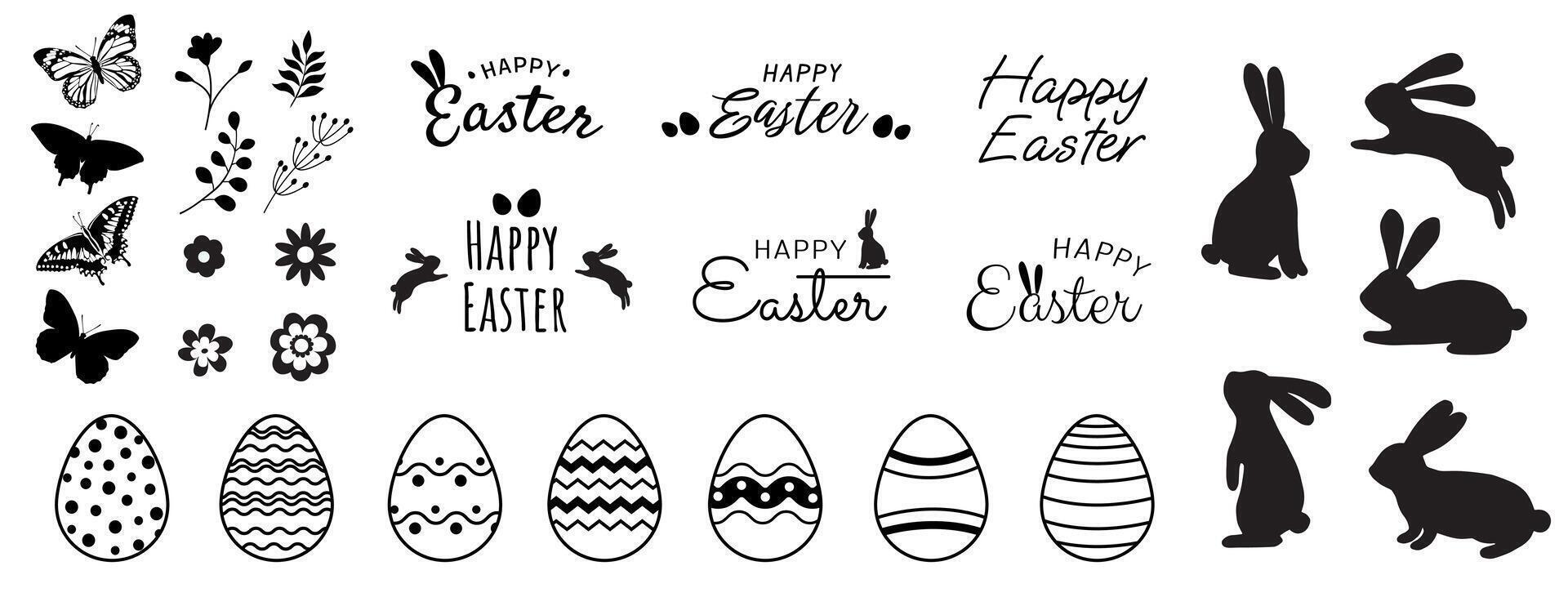 Large vector Easter collection of elements for various designs. The collection contains bunny silhouettes, simple flowers, Easter lettering and eggs with graphic patterns.