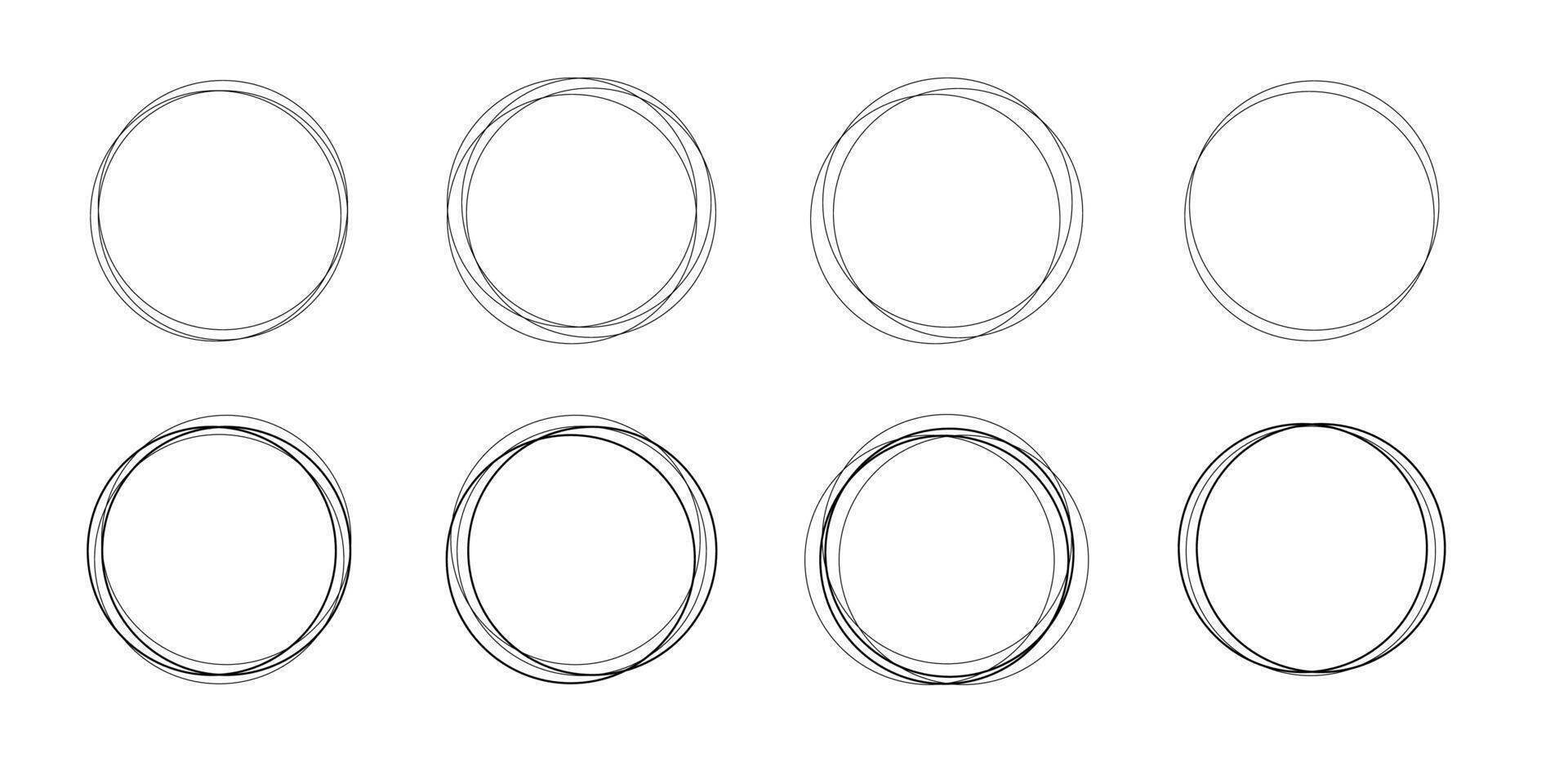 Collection of vector monochrome isolated round frames with crossed doodle lines.