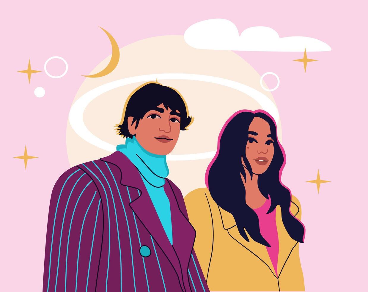 Couple in love. Young man and woman with dark hair, wearing trendy coats. Bright neon colours. Dreamy background. vector