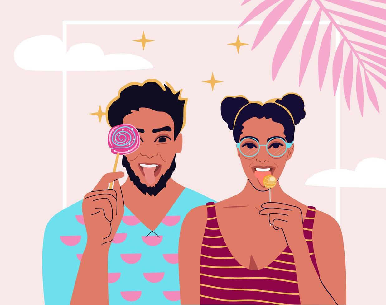 miedoso retrato de joven hombre y mujer con piruletas. contento Pareja teniendo divertido, disfrutando vida. vector