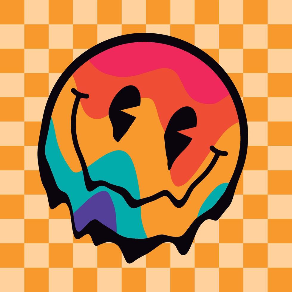 Retro colorful melting happy face emoji vector