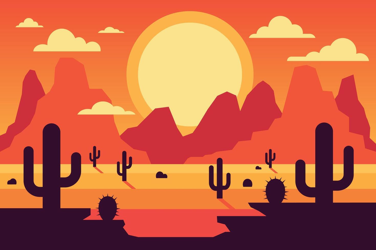 vistoso y plano diseño de un puesta de sol en un occidental Desierto con cactus y rocoso montañas en el horizonte vector