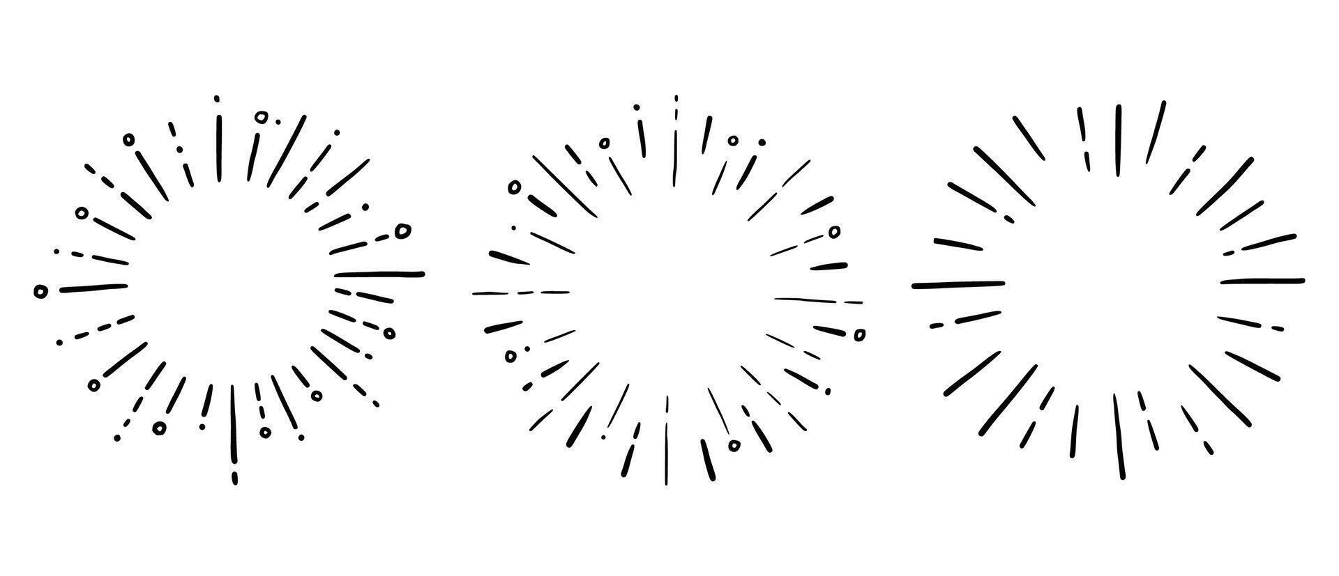 doodle círculo sunburst, conjunto de rayos brillantes. vector