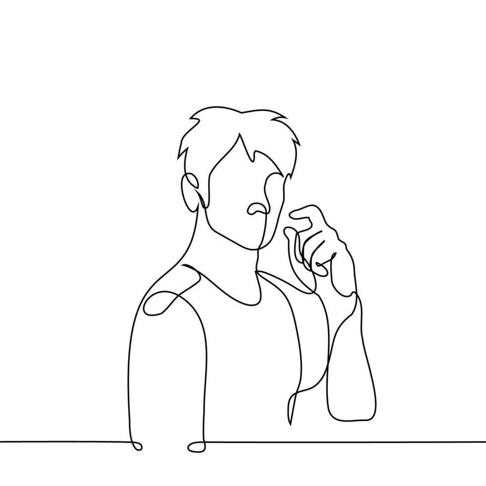 man showing small space between thumb and forefinger - one line art vector. the concept of showing a small amount or small size of something vector