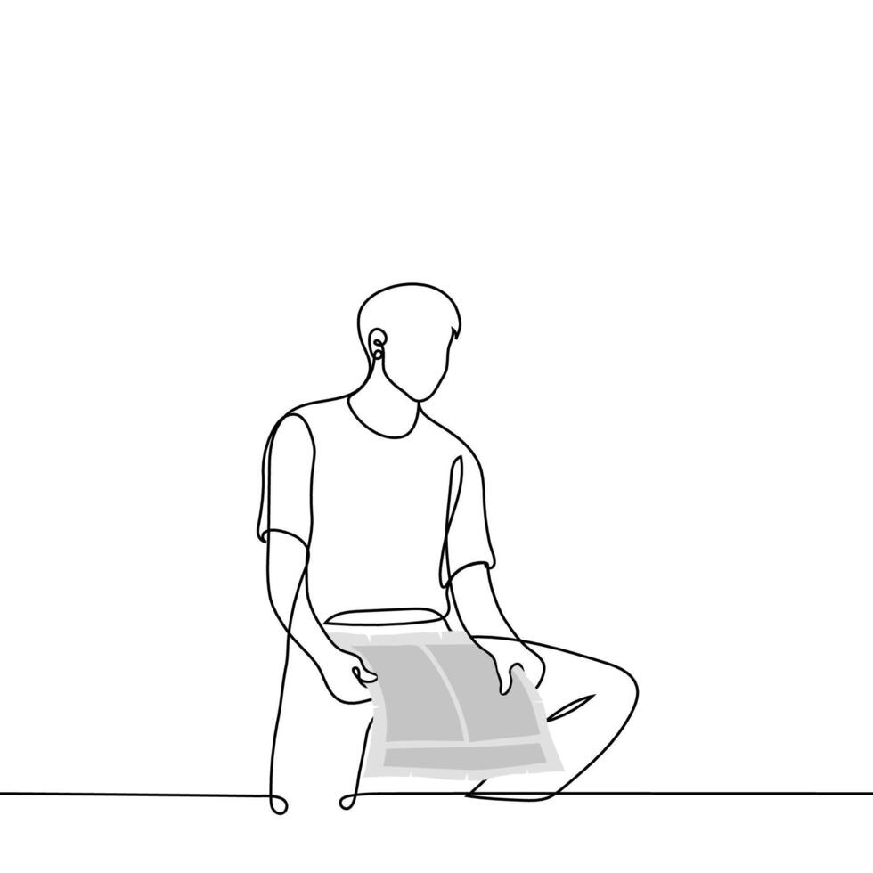 man sits with a newspaper in his hands but looks away - one line drawing vector. concept reading a boring newspaper, a read newspaper, a censored article vector