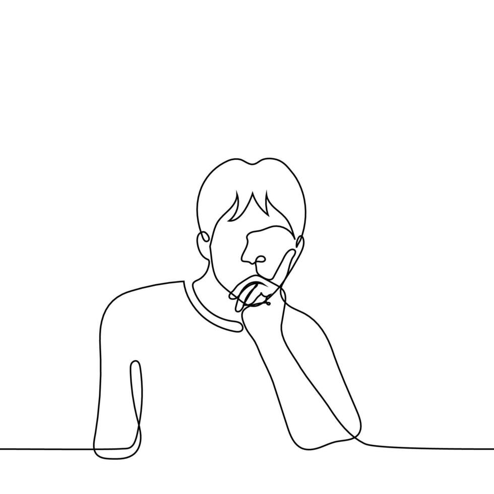 frowning man props his face up with his hand - one line drawing vector. the concept of thinking, unpleasant thoughts, dissatisfied vector