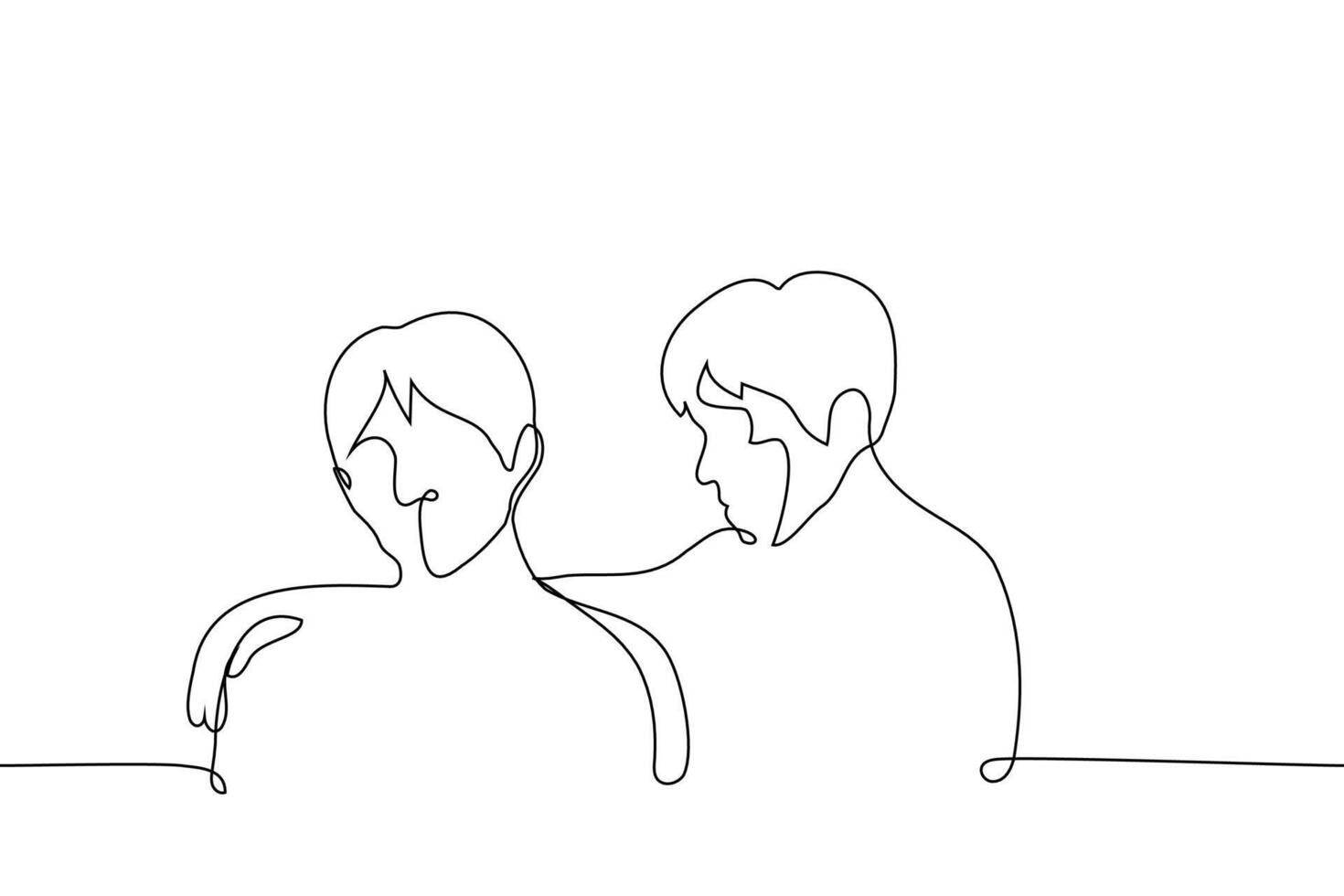 hombre abrazando amigos espalda - uno línea dibujo vector. emocional apoyo concepto, masculino amistad, skinship vector