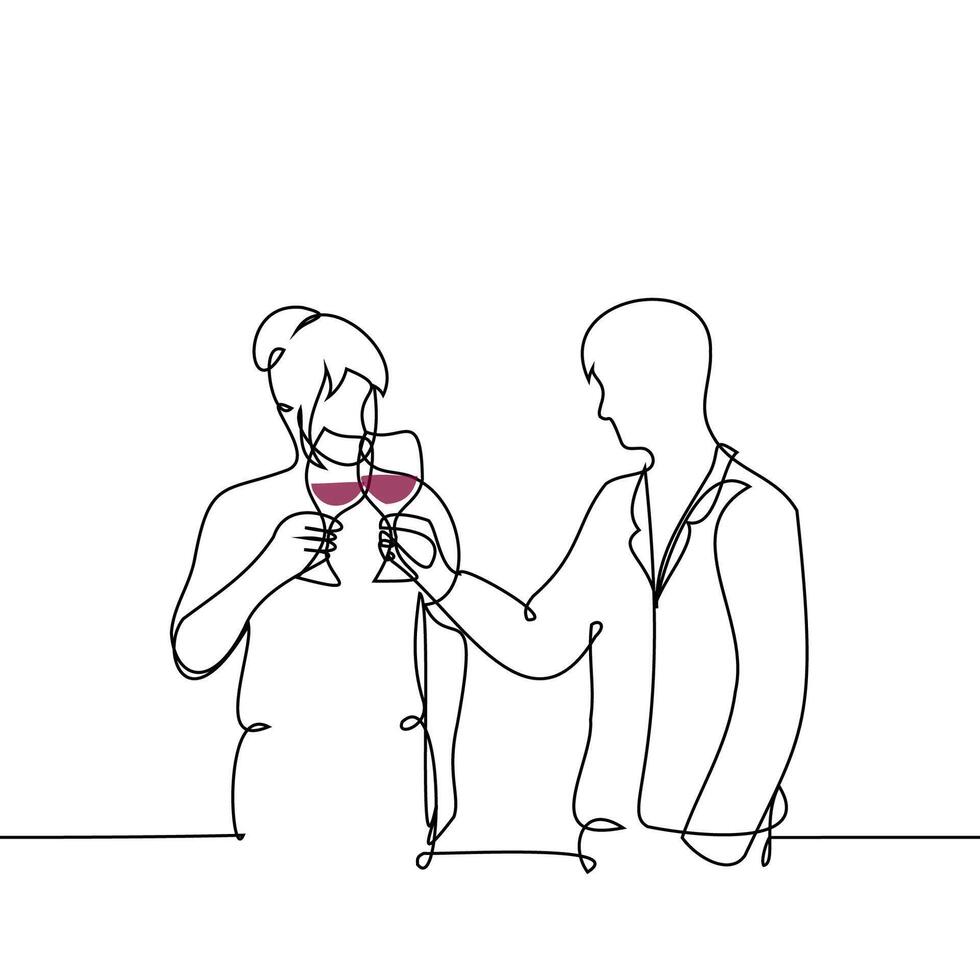 man and woman clink glasses of wine smiling at each other - one line drawing vector. concept of flirting, drinking wine at a buffet table vector