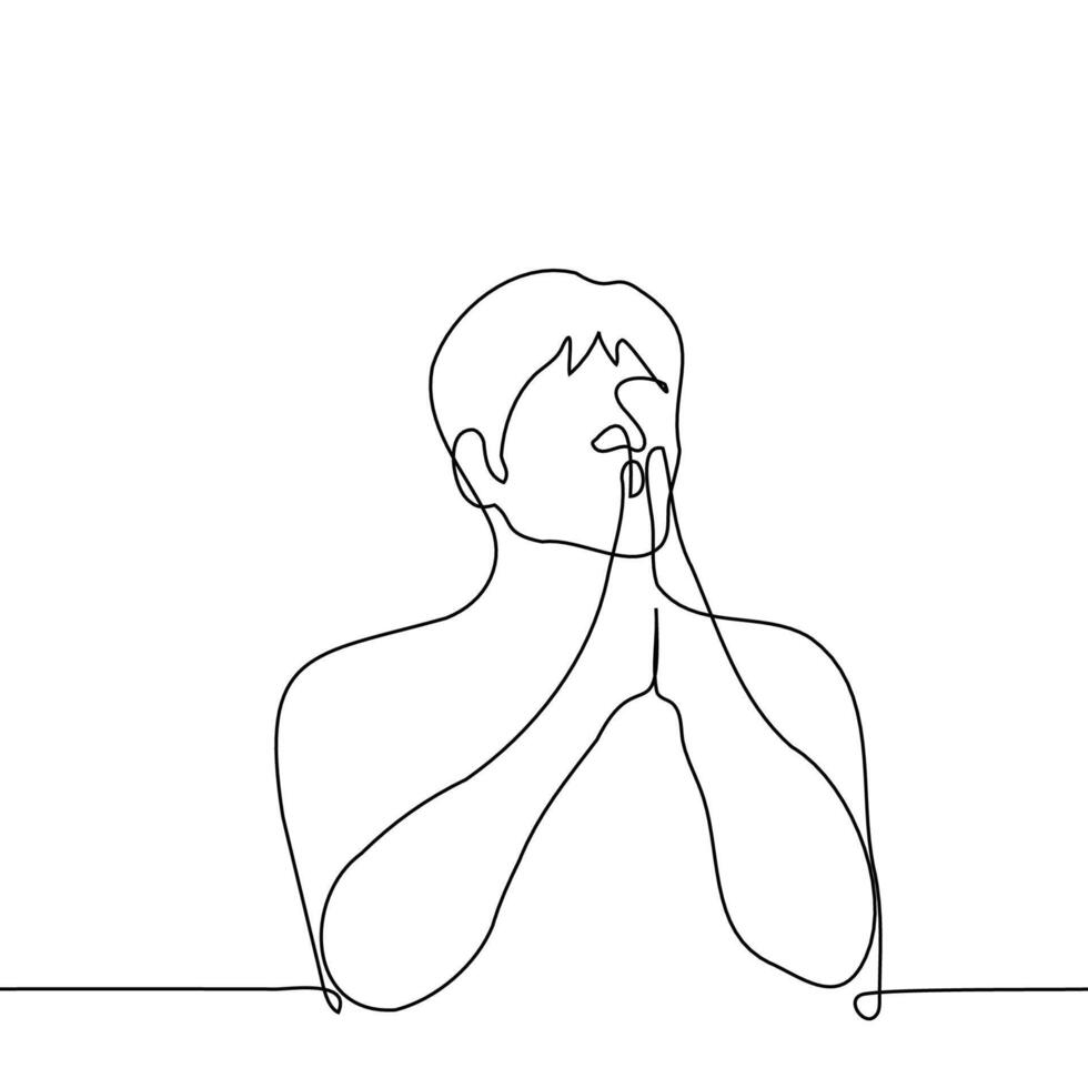man clasped together palms - one line art vector. concept of pray, hope vector