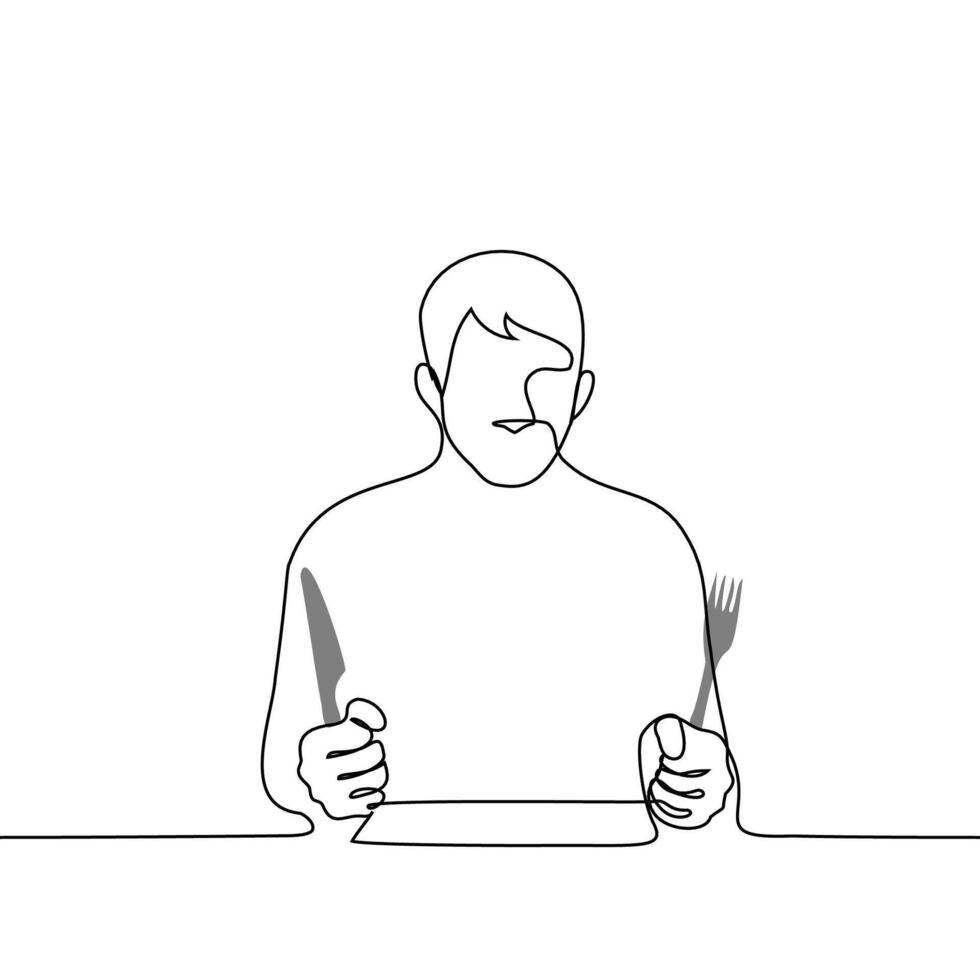 hungry man sitting at the table ready to eat and clutching a fork and knife - one line drawing vector. concept of insatiability, hunger, diet vector