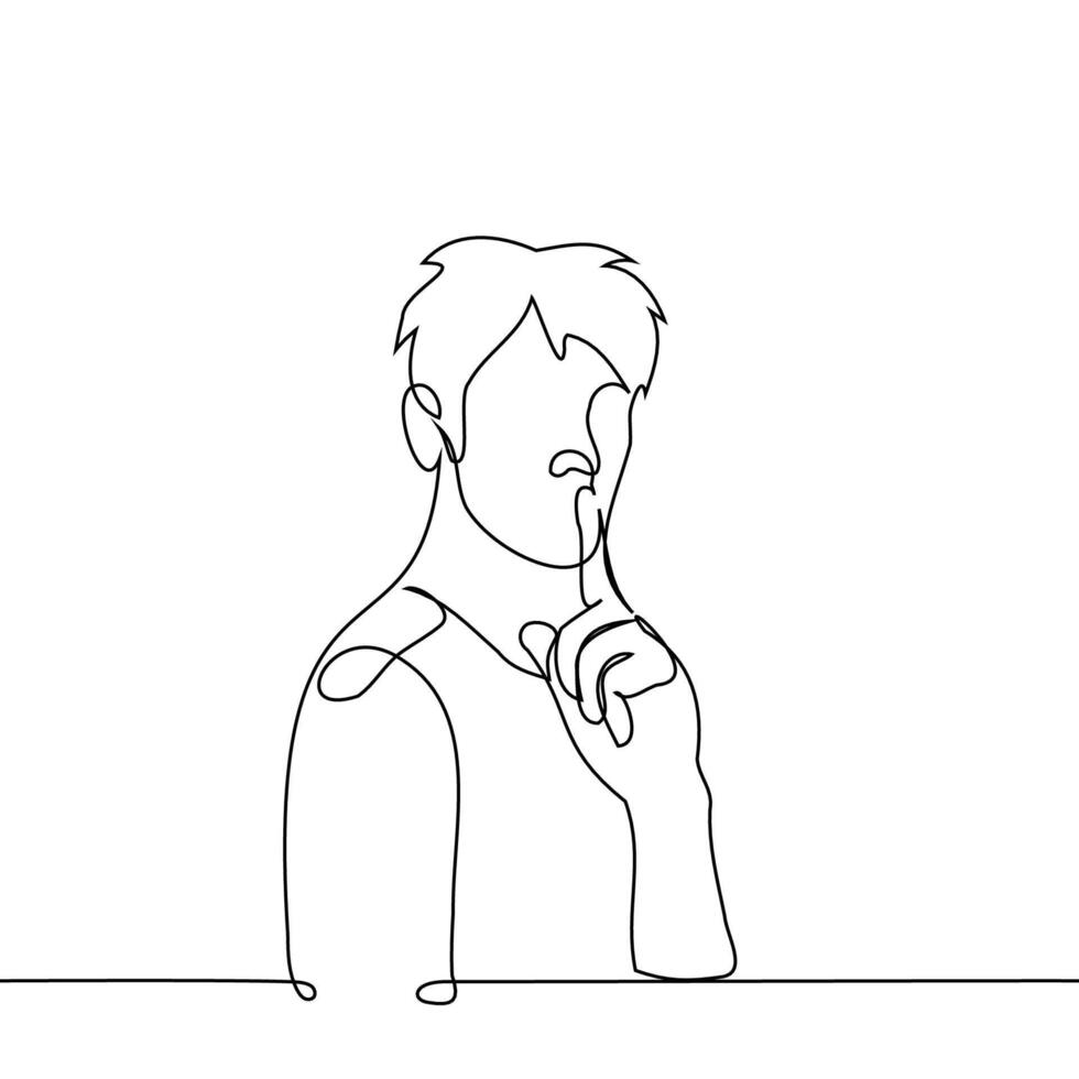 man put his finger to his mouth - one line art vector. concept of silence, call for silence, boycott, ignoring, hushing up, keeping secret vector