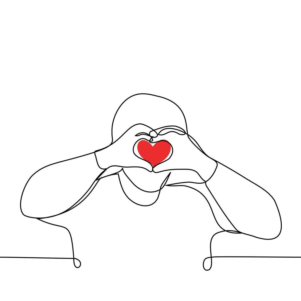 man folded hands in heart shape raising them to level of face - one line drawing vector. Korean gesture I love you or Saranhae vector