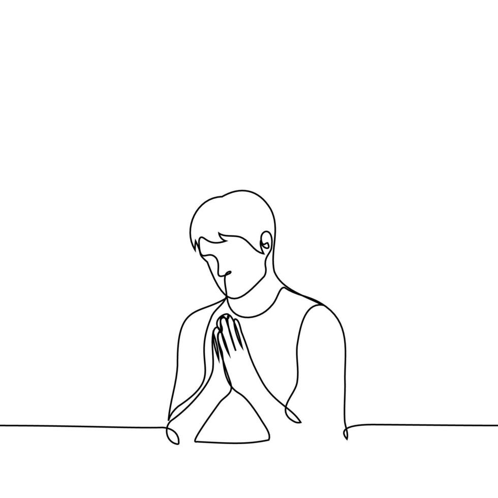 man put his palms together in supplication - one line drawing vector. the concept of praying or making a wish vector