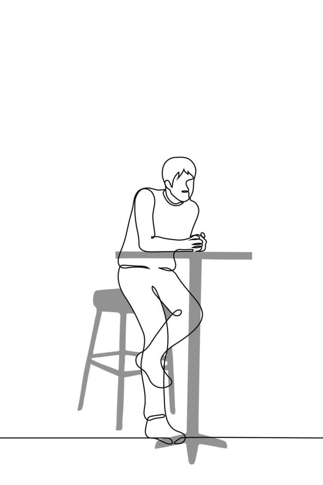 man sits on a bar stool at a high table - one line drawing vector. concept waiting on a date vector