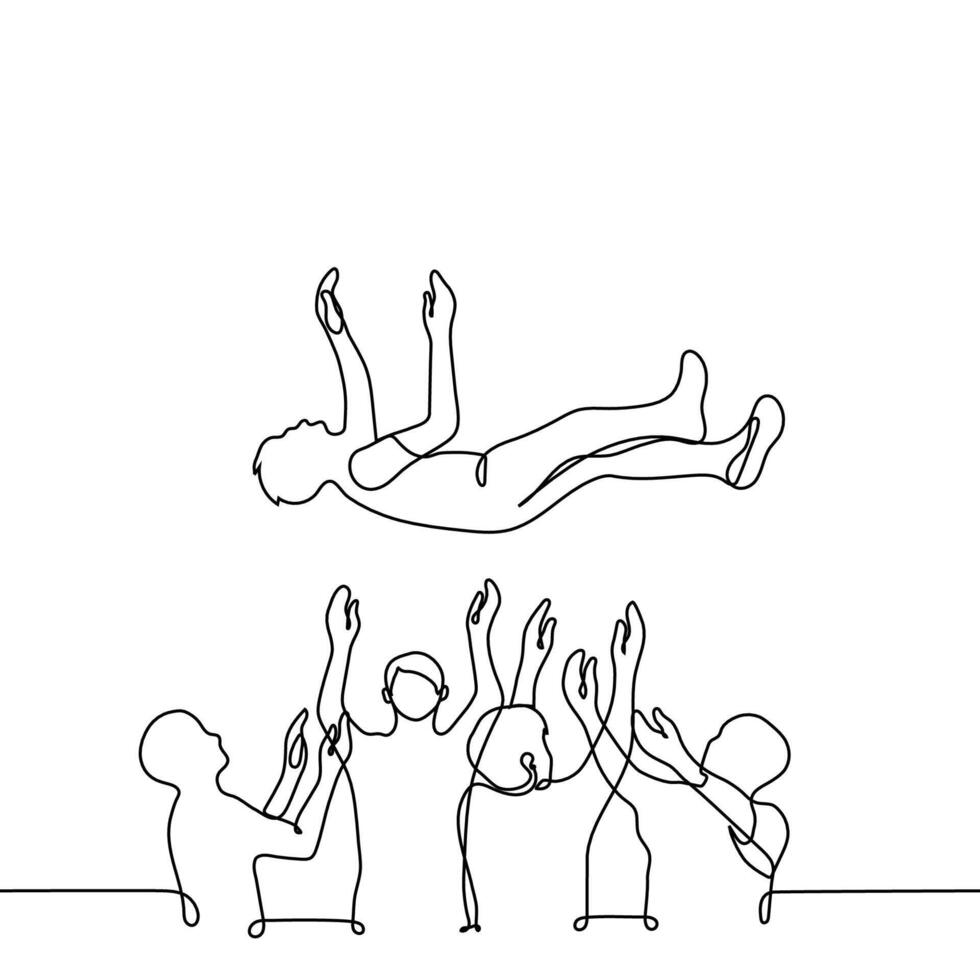 crowd throws a man in the air - one line drawing vector. concept celebrating a successful throw, triumph and joy of victory, team cheering vector