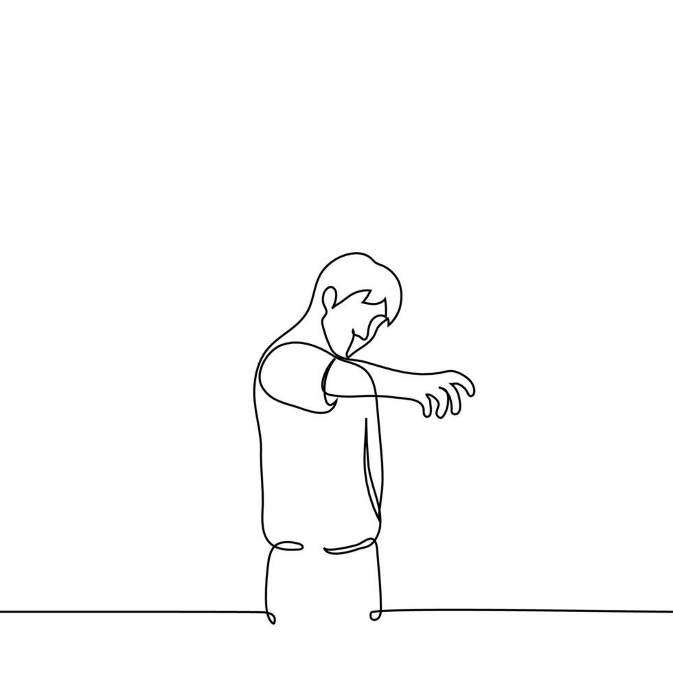 man standing with outstretched hand palm down his fingers spread wide as if he wants to grab something - one line drawing vector. concept desire or dream vector
