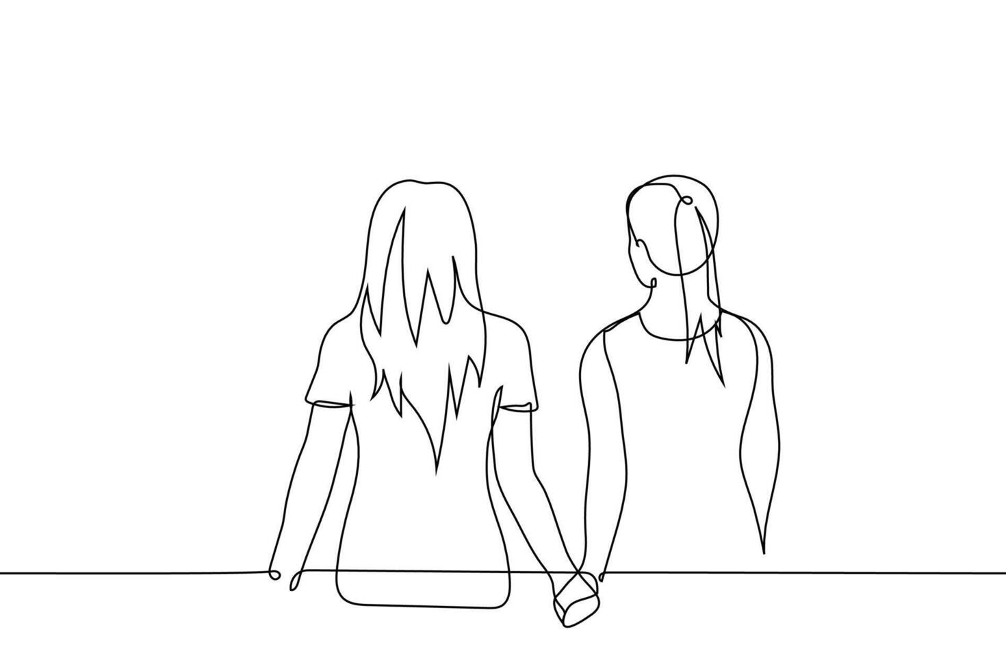 two women go hand in hand - one line drawing vector. girlfriend concept, lesbian couple vector