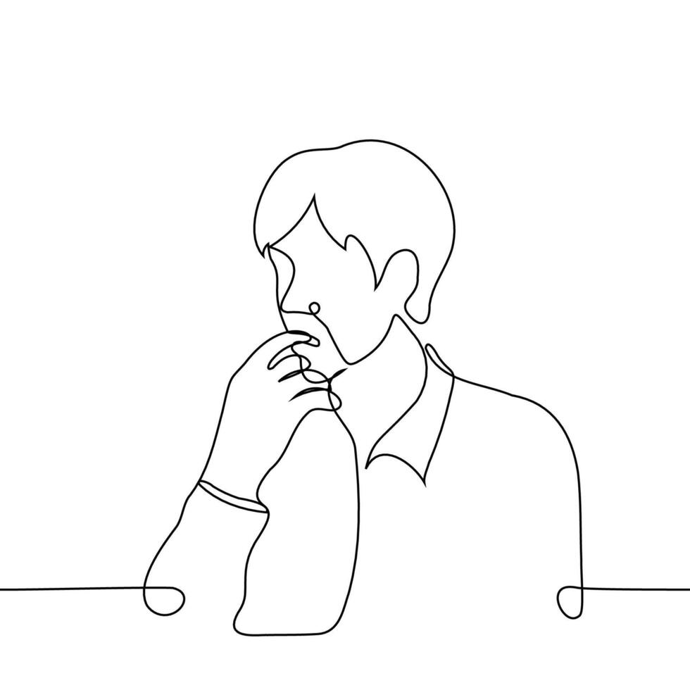 man sitting biting his index finger - one line drawing vector. the concept of surprise, mystery, interest, intrigue, infantilism, finger licking vector