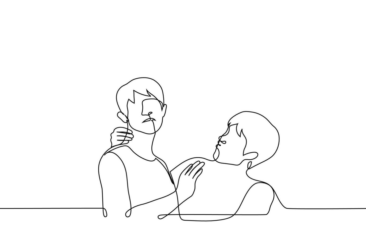 man avoids kissing another man - one line drawing vector. concept tactile and non-tactile friend, homosexual sexual harassment, homophobia metaphor vector