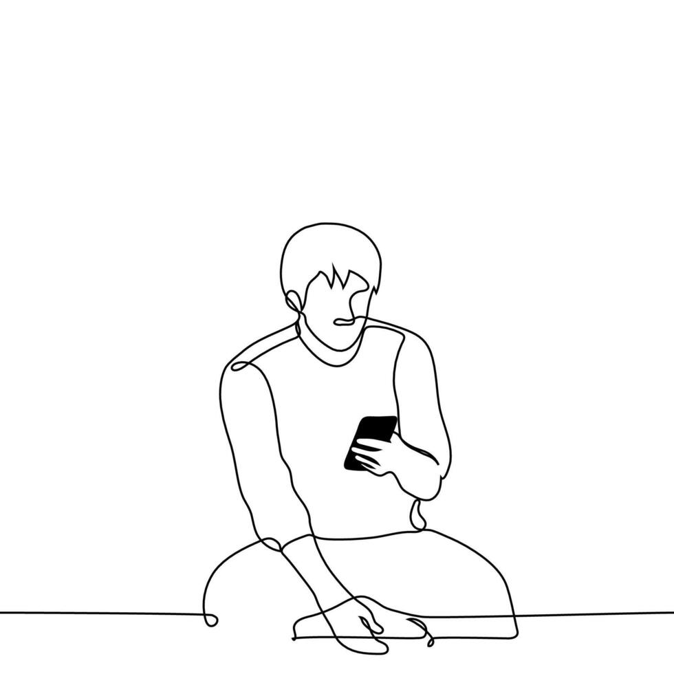 man sitting relaxed with phone - one line drawing vector. concept manspreading vector