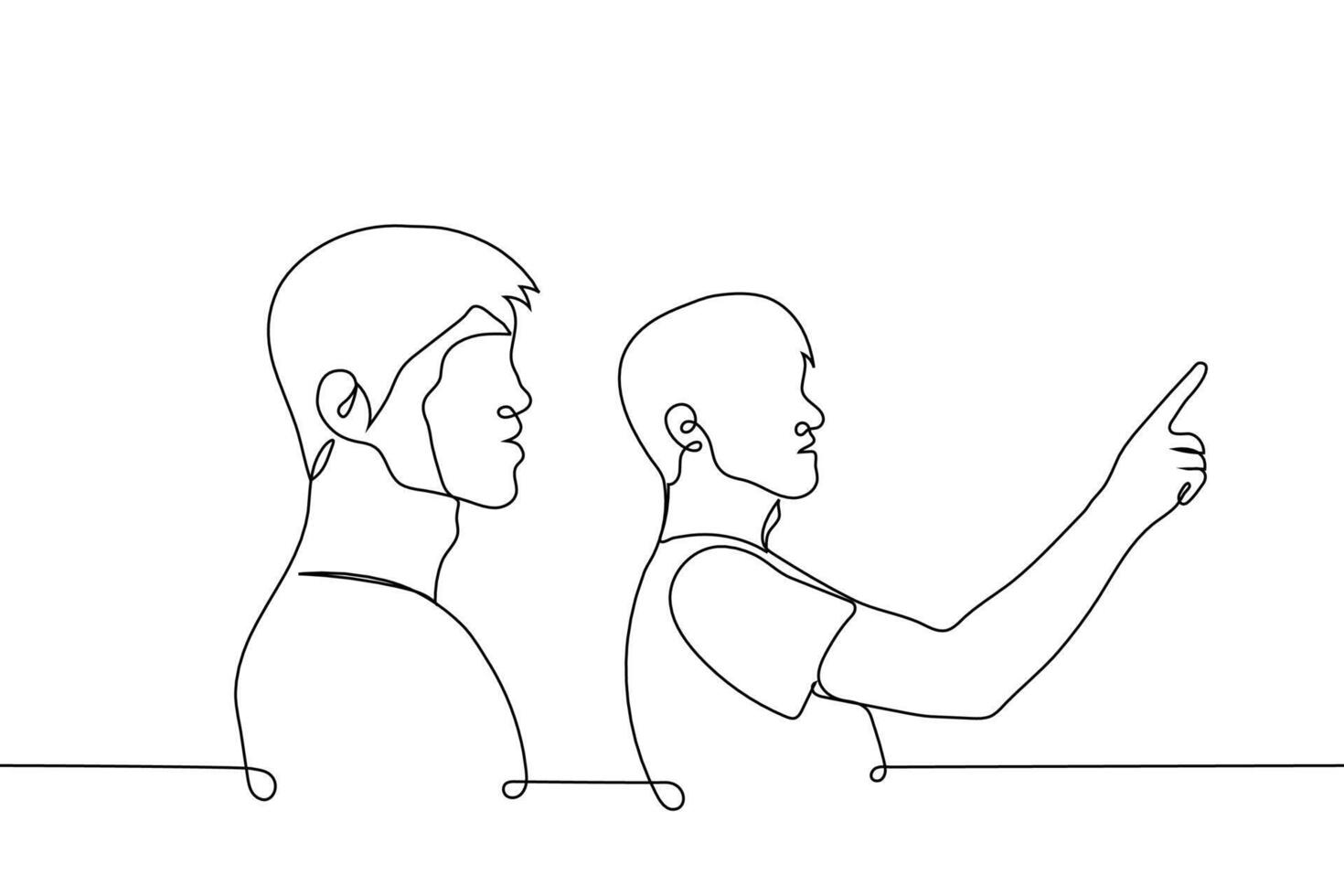 man points his finger and the second one looks in the indicated direction - one line drawing vector. concept indicate direction, observe, concentrate, focus, pay attention vector