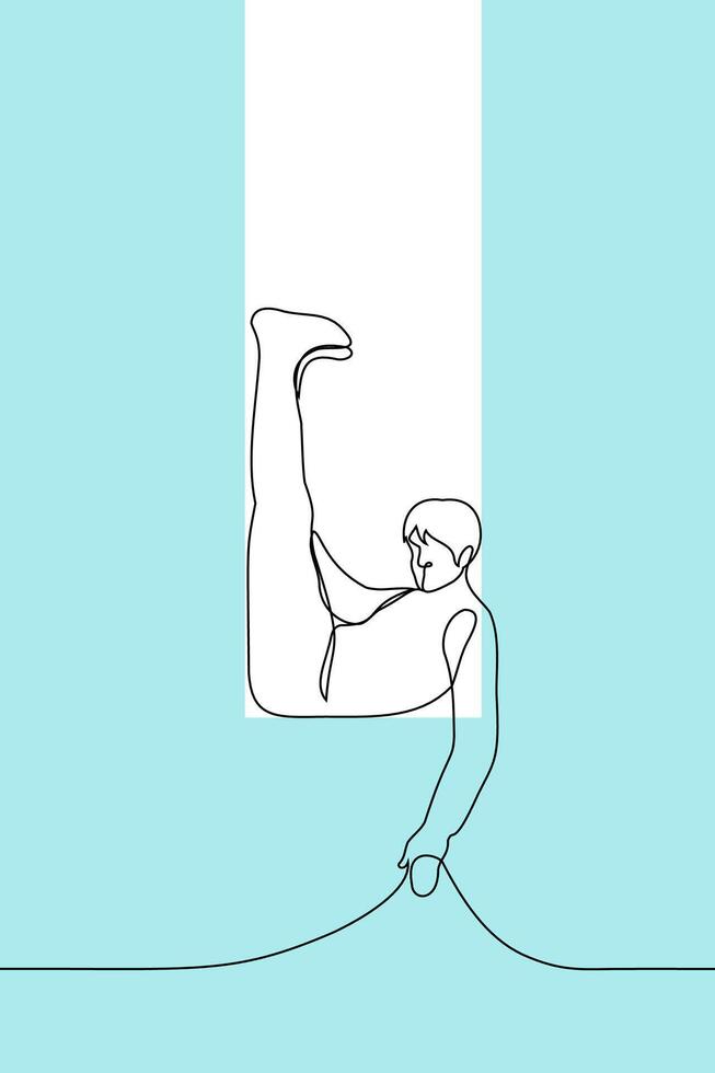 man bent over while sitting in a vertical window - one line drawing vector. concept it is difficult to fit into the framework, strict boundaries of what is acceptable, inappropriate and inconvenient vector