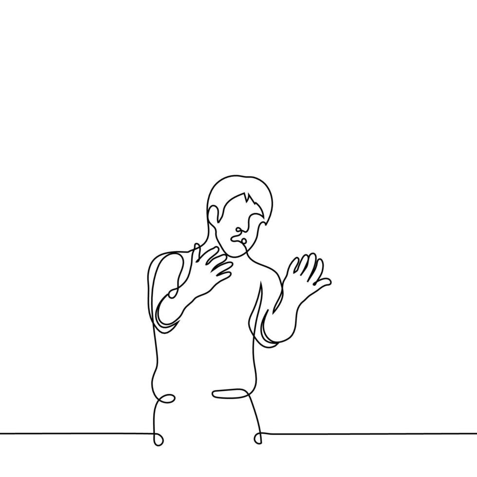 man stretched out his hands palms up open mouth - one line drawing vector. concept gesture of pleading and despair, ask for forgiveness, blame, beg someone vector